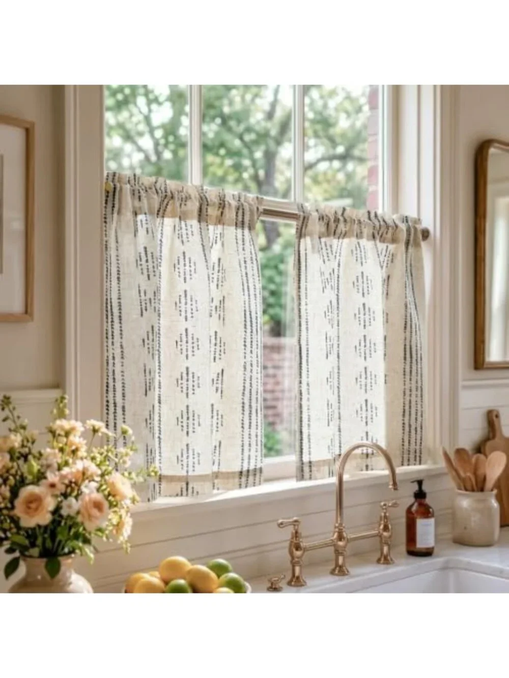 Boho Striped Linen Tier Curtains | Chic Cafe Kitchen Window Drapes